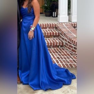 Blue Satin Strapless Ballgown Prom dress with Train